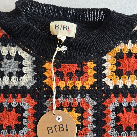 🏷️BiBi Crochet Patchwork Top Granny Square Open Knit Pullover Long Sleeve LG - Picture 8 of 12